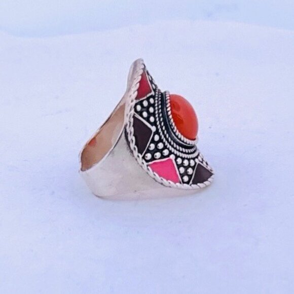 Vintage Moroccan 925 Silver Carnelian Statement Ring Size 9.5 Boho Artisan - Picture 2 of 11